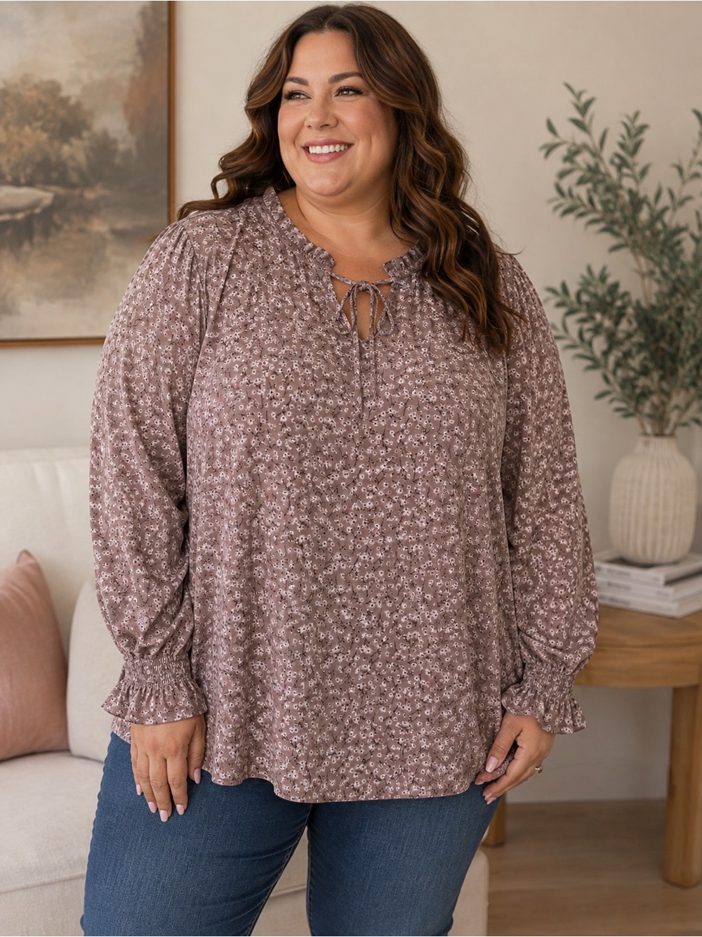 Adrianna Papell Floral Blouse 2X Tie Neck Ruffle Smocked Cuff Long Sleeve Flowy
